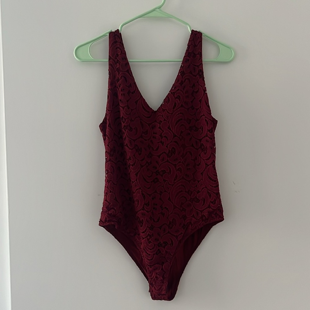 Painted Threads Dark Red Embroidered Lace Body Suit Sz M